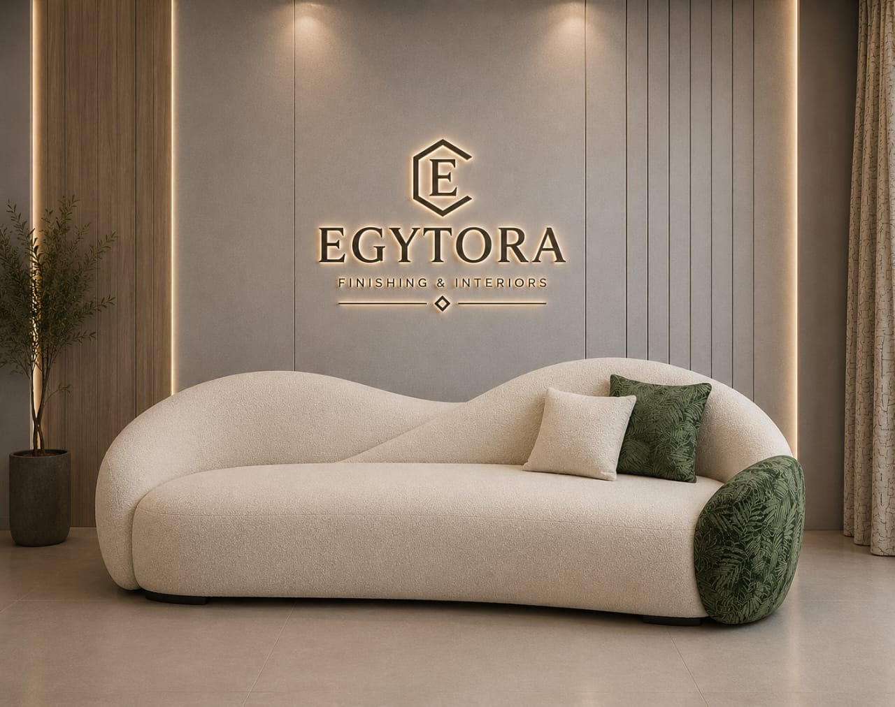 Curved sofa with cushions