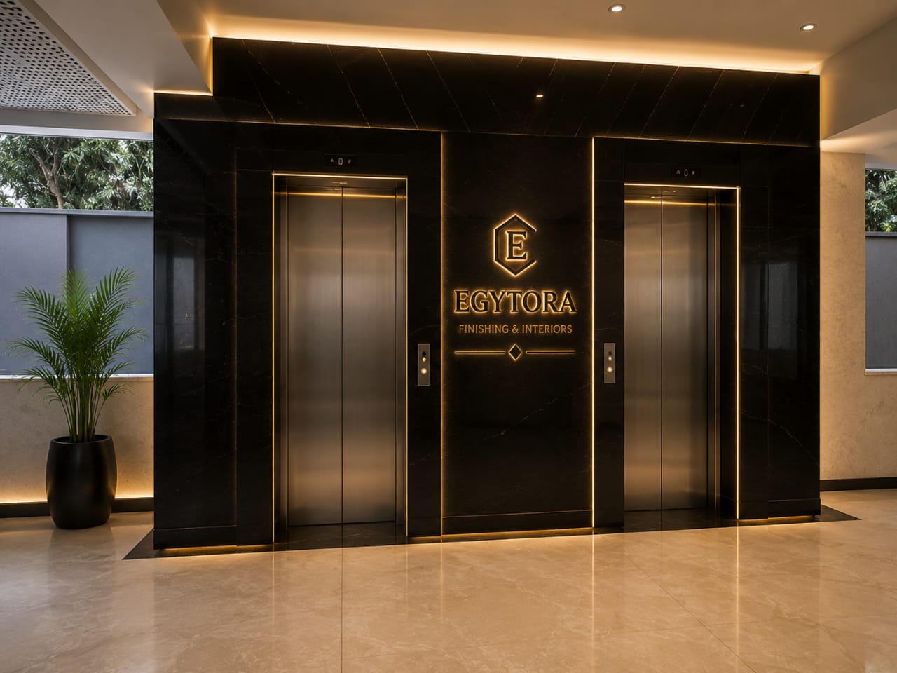 Black marble elevator lobby