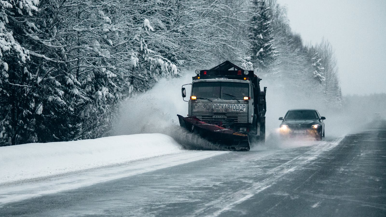 De-icing salt truck on a winter road